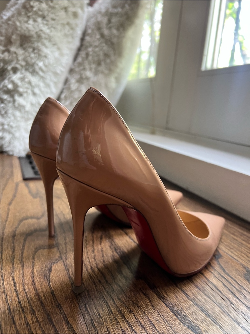 Christian Louboutin Nude Patent Pointed-Toe Stilettos with Red Soles
